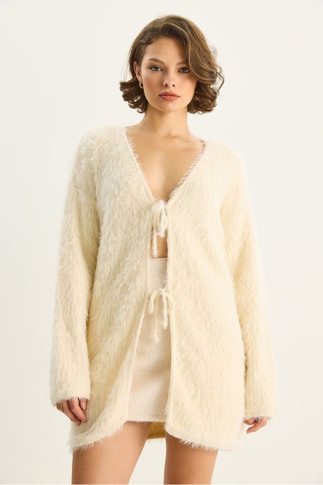 Texturierter V-Ausschnitt Midi-Cardigan mit Bindebandverschluss - Image 6