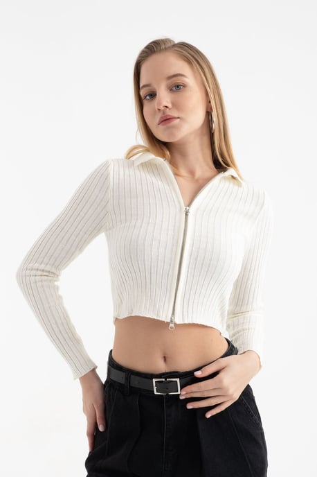 Polo-Kragen Rippstrick Reißverschluss Kürzerer Cardigan - Image 1