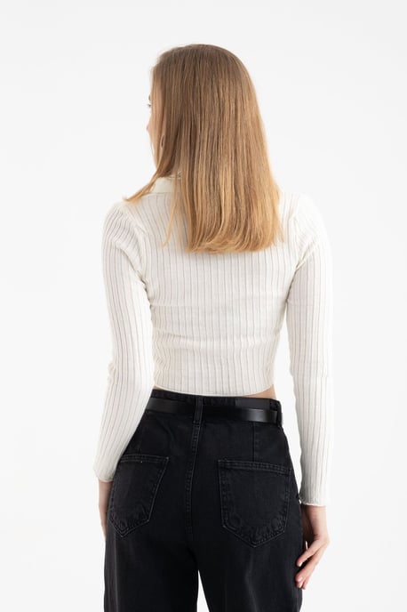 Polo-Kragen Rippstrick Reißverschluss Kürzerer Cardigan - Image 2