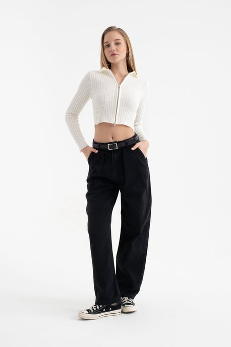 Polo-Kragen Rippstrick Reißverschluss Kürzerer Cardigan - Image 3