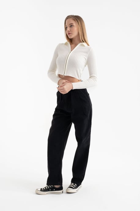 Polo-Kragen Rippstrick Reißverschluss Kürzerer Cardigan - Image 4