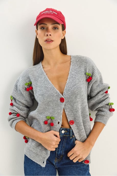 V-Ausschnitt Pullover-Cardigan mit Fruchtstickerei - Image 2