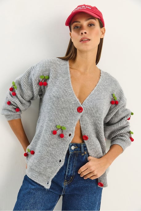 V-Ausschnitt Pullover-Cardigan mit Fruchtstickerei - Image 4