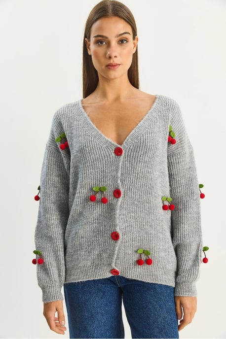 V-Ausschnitt Pullover-Cardigan mit Fruchtstickerei - Image 5
