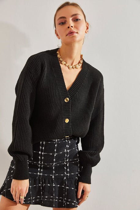 V-Ausschnitt Kurzer Rippenstrickcardigan mit goldfarbenen Knöpfen - Image 1
