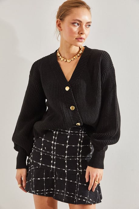 V-Ausschnitt Kurzer Rippenstrickcardigan mit goldfarbenen Knöpfen - Image 2