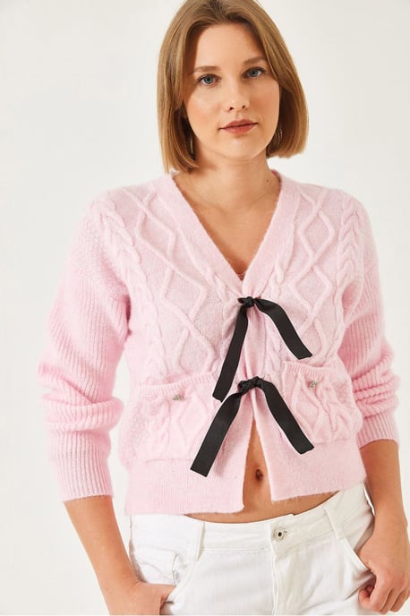 Strukturiertes V-Ausschnitt-Cropped-Cardigan mit Pompon - Image 2
