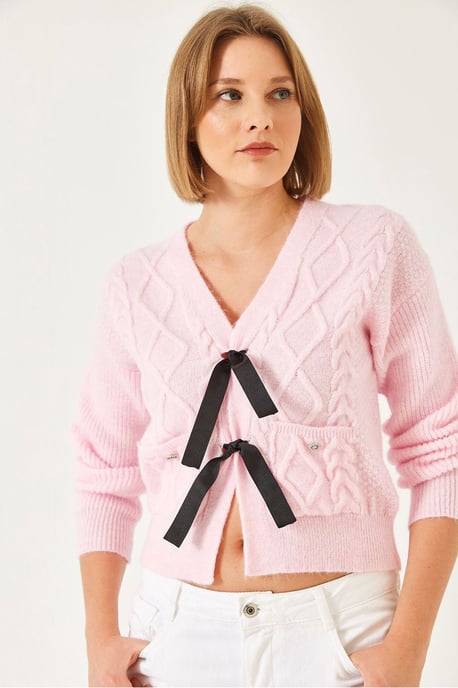 Strukturiertes V-Ausschnitt-Cropped-Cardigan mit Pompon - Image 3