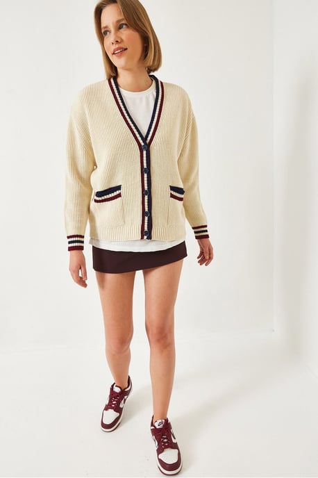 Gemusterter V-Ausschnitt Rippstrick-Cardigan mit Taschen - Image 2