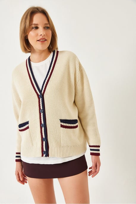 Gemusterter V-Ausschnitt Rippstrick-Cardigan mit Taschen - Image 3
