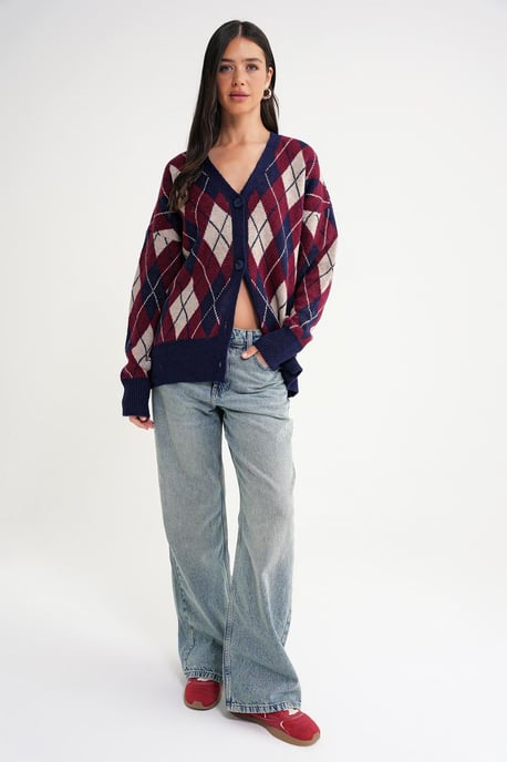 Oversize Argyle V-Ausschnitt Knopfkarteigan - Image 2