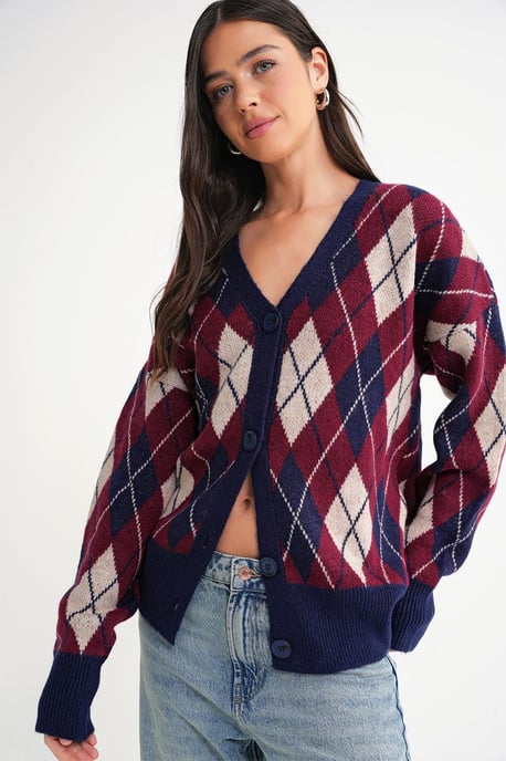 Oversize Argyle V-Ausschnitt Knopfkarteigan - Image 3