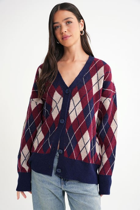 Oversize Argyle V-Ausschnitt Knopfkarteigan - Image 4