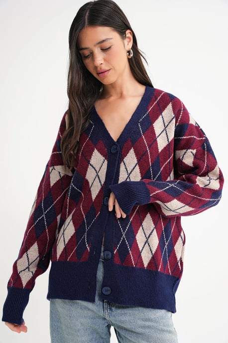 Oversize Argyle V-Ausschnitt Knopfkarteigan - Image 5