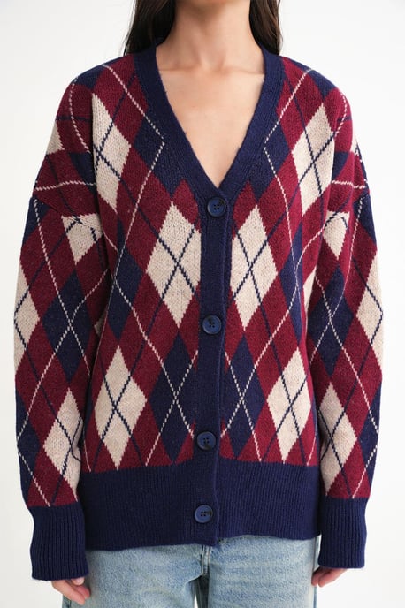Oversize Argyle V-Ausschnitt Knopfkarteigan - Image 6