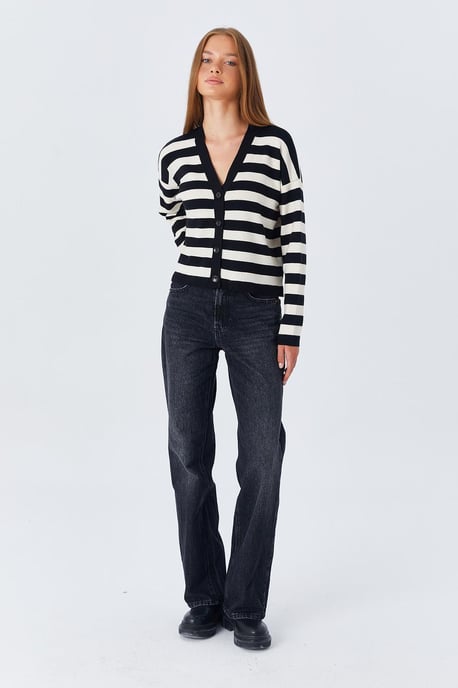 Mixray Gestreifter Cardigan mit V-Ausschnitt und Knöpfen - Schwarz - Image 5