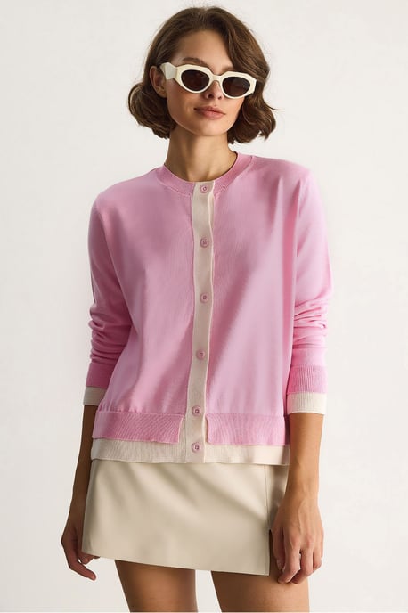 Farbblockierter Langarm-Button-Cardigan - Image 1