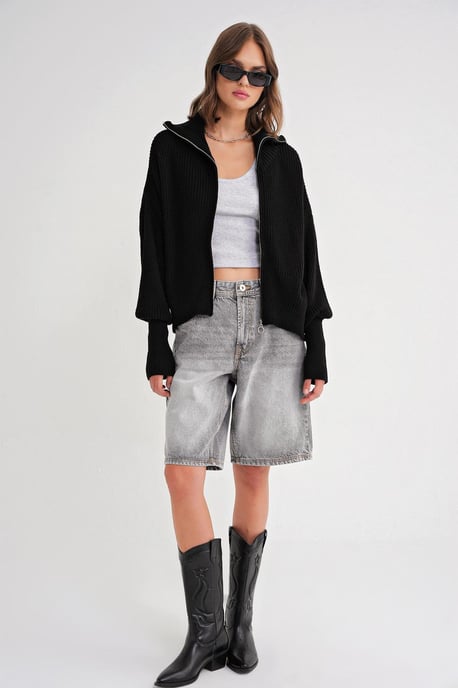Reißverschlusskragen Oversize Strickjacke mit Struktur - Image 2
