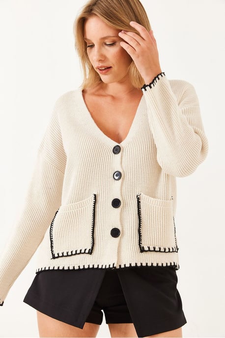 Strukturiertes V-Ausschnitt Knopf-Cardigan mit Tasche - Image 2