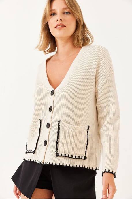 Strukturiertes V-Ausschnitt Knopf-Cardigan mit Tasche - Image 3