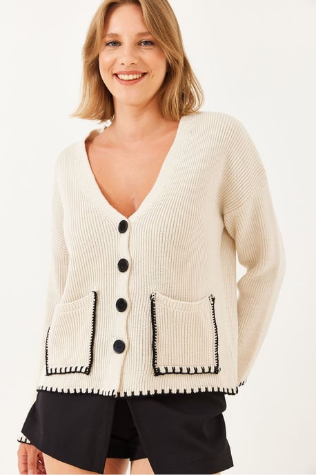 Strukturiertes V-Ausschnitt Knopf-Cardigan mit Tasche - Image 4