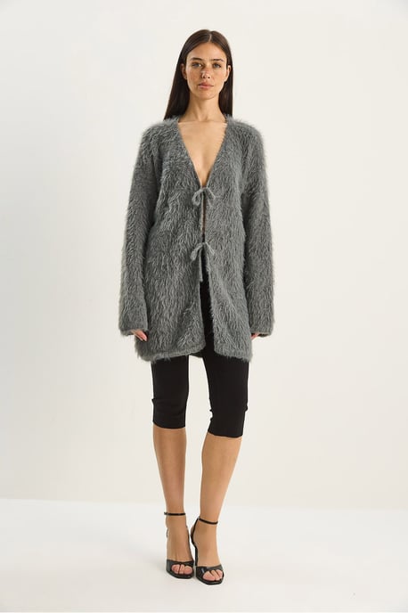 Strukturierter V-Ausschnitt Midi-Cardigan mit Bindebandverschluss - Image 1