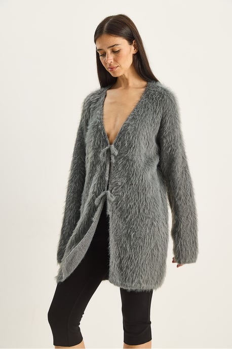 Strukturierter V-Ausschnitt Midi-Cardigan mit Bindebandverschluss - Image 4