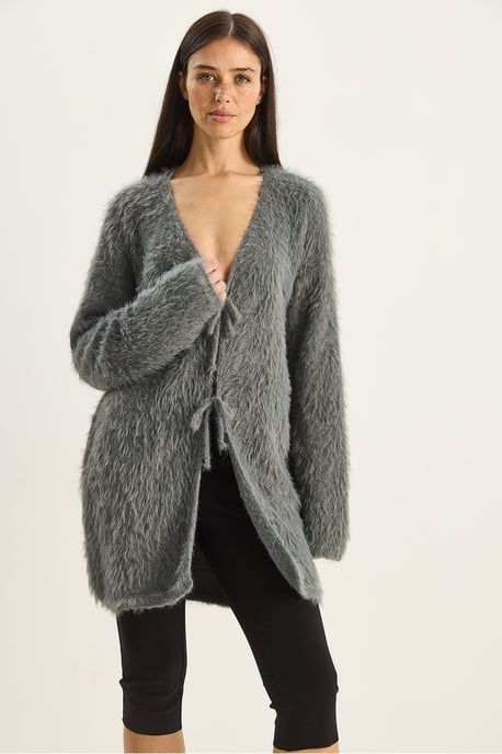 Strukturierter V-Ausschnitt Midi-Cardigan mit Bindebandverschluss - Image 5