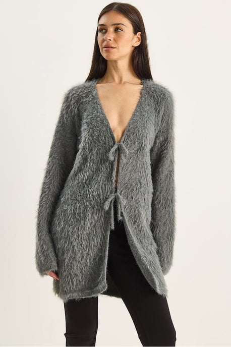 Strukturierter V-Ausschnitt Midi-Cardigan mit Bindebandverschluss - Image 6