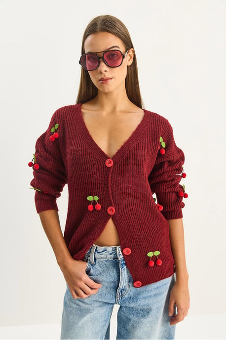 V-Ausschnitt Cardigan mit Obststickerei - Image 2