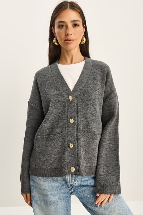 Dicker Rippstrick-V-Ausschnitt-Cardigan mit Knopfverschluss - Image 1