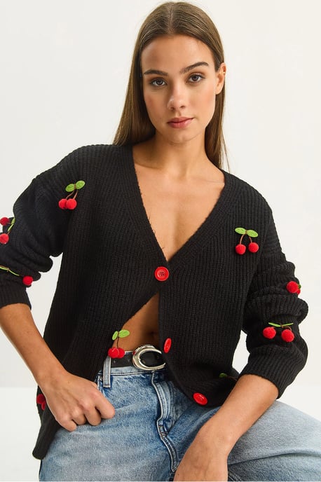 V-Ausschnitt Pullover Cardigan mit Obststickerei - Image 1