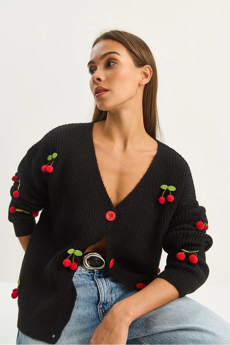 V-Ausschnitt Pullover Cardigan mit Obststickerei - Image 2