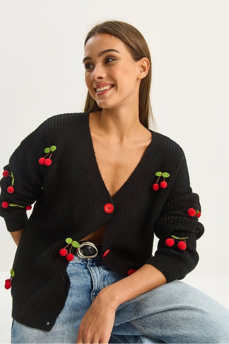 V-Ausschnitt Pullover Cardigan mit Obststickerei - Image 3