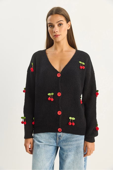 V-Ausschnitt Pullover Cardigan mit Obststickerei - Image 4