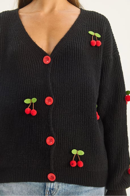 V-Ausschnitt Pullover Cardigan mit Obststickerei - Image 5
