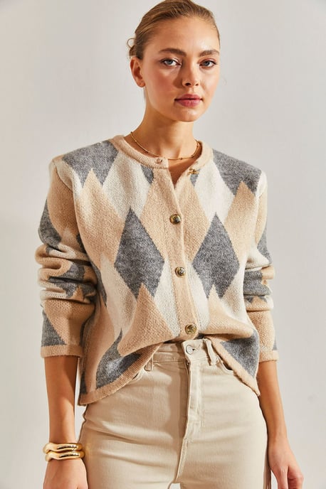 Geometrisches Strick-Button-Up-Crop-Cardigan - Image 2