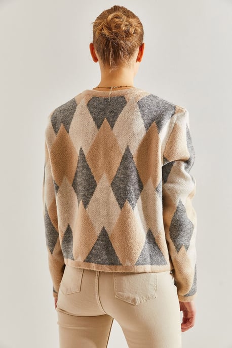 Geometrisches Strick-Button-Up-Crop-Cardigan - Image 3