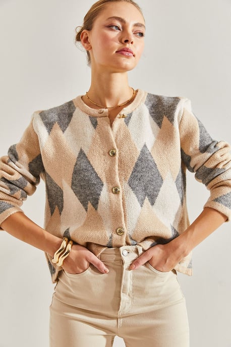 Geometrisches Strick-Button-Up-Crop-Cardigan - Image 4