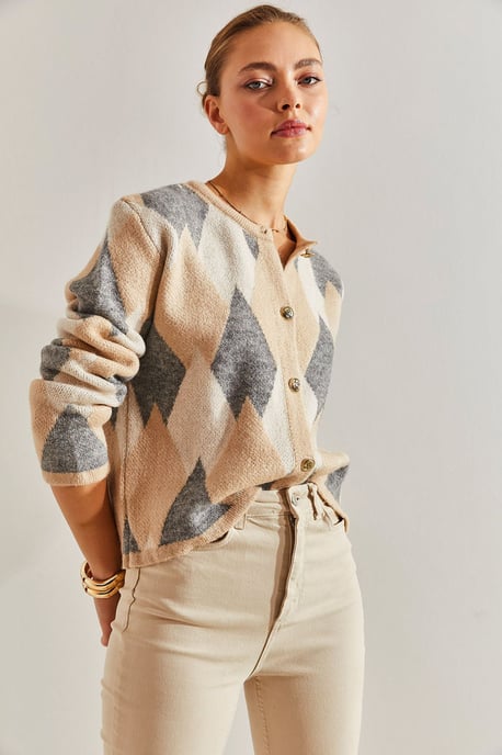 Geometrisches Strick-Button-Up-Crop-Cardigan - Image 5