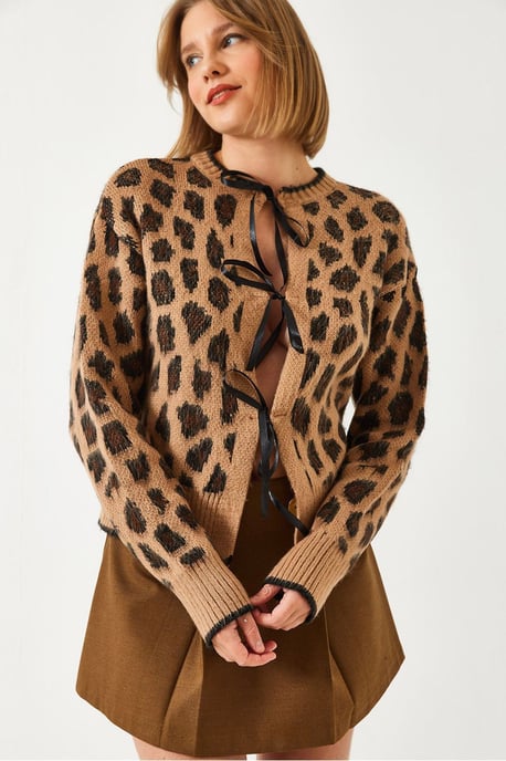 Leopardenmuster Strickjacke mit Pompon - Image 1