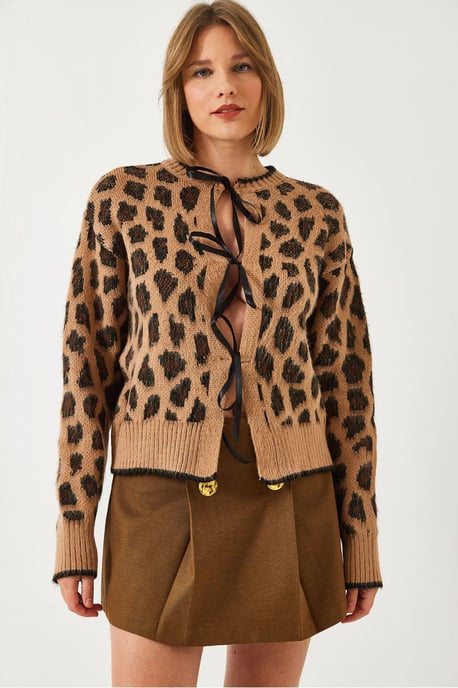 Leopardenmuster Strickjacke mit Pompon - Image 2