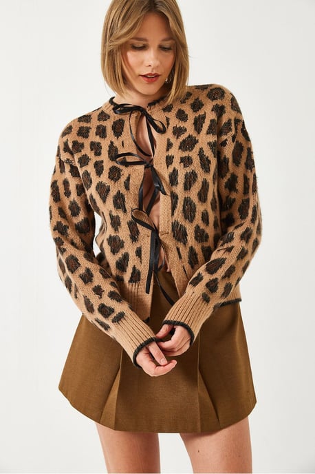 Leopardenmuster Strickjacke mit Pompon - Image 3