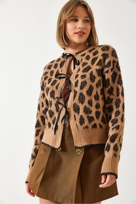 Leopardenmuster Strickjacke mit Pompon - Image 4