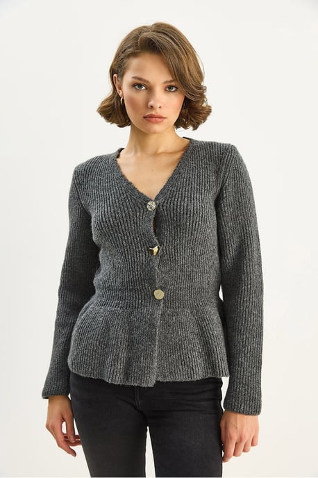 Rippstrick Langarm V-Ausschnitt Cardigan mit Knöpfen - Image 2
