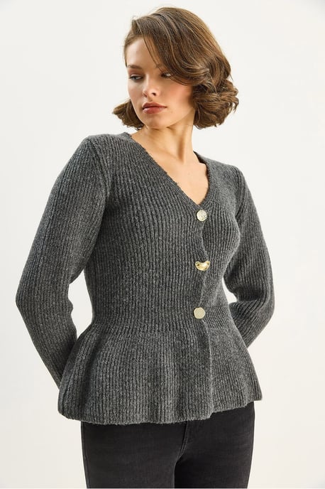 Rippstrick Langarm V-Ausschnitt Cardigan mit Knöpfen - Image 3