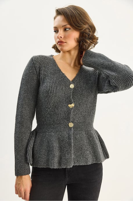 Rippstrick Langarm V-Ausschnitt Cardigan mit Knöpfen - Image 4