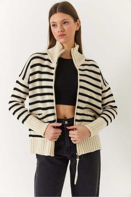 Gestreifter Strick-Cardigan mit Reißverschluss und Taschen - Image 2