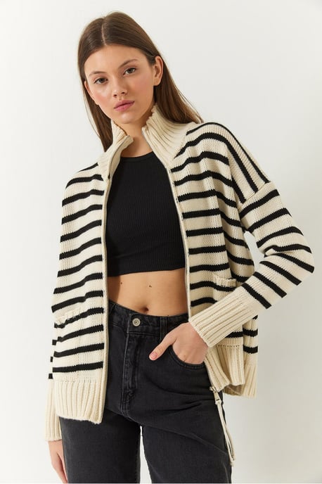 Gestreifter Strick-Cardigan mit Reißverschluss und Taschen - Image 3