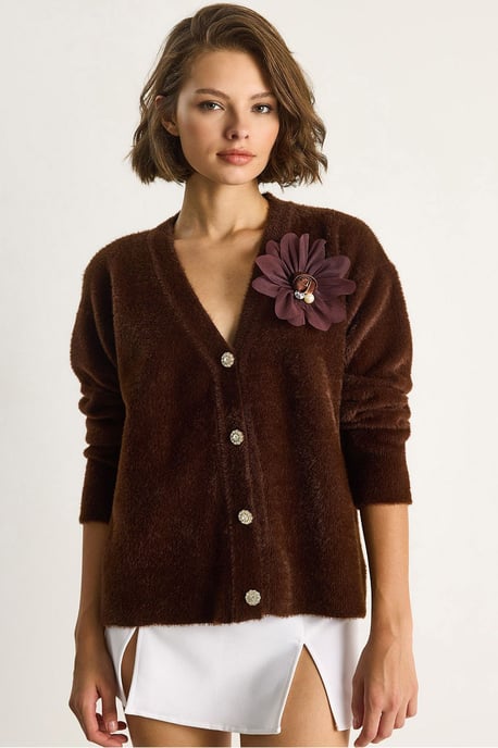 Bestickter V-Ausschnitt Knopf-Cardigan - Image 1